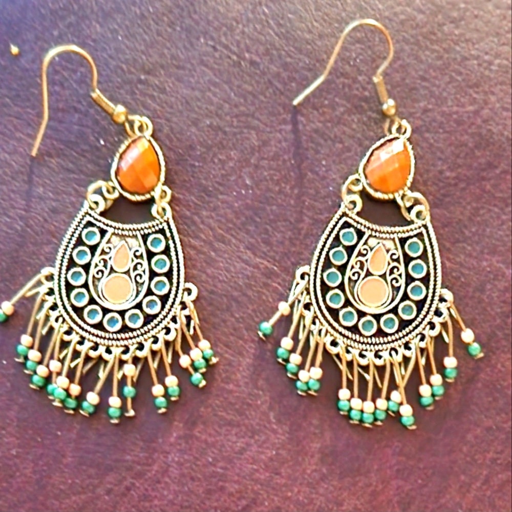 Beaded Blue Peach Earrings